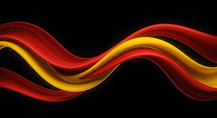 Abstract flowing ribbons in red and gold on a black background.
