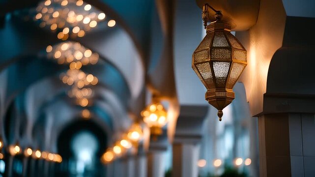 Defocused capture of spiritual symmetry &mdash; rows of arches, blurred patterns of lanterns, and soft atmospheric light, with copy space.