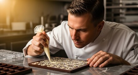 A professional chocolatier carefully decorates intricate patterns on a tray of chocolates in a well-equipped kitchen