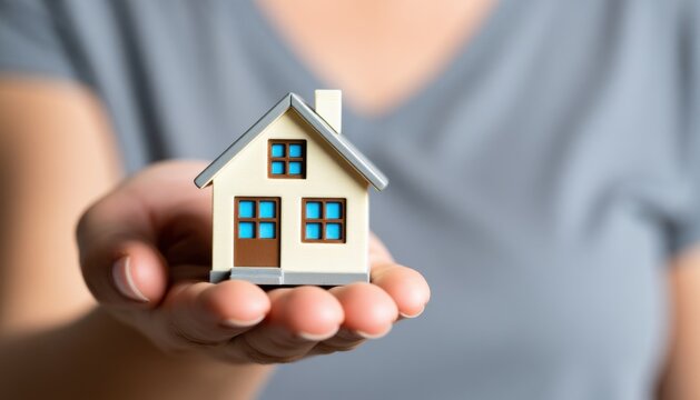 small business office real estate deal concept. Miniature house model held in hand, symbolizing home ownership.