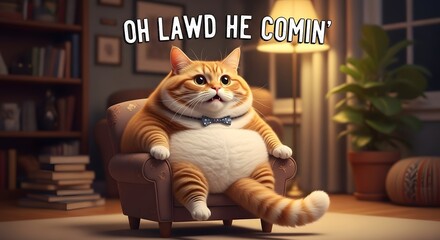A humorous digital illustration of a chubby orange tabby cat wearing a bow tie, sitting comfortably in a cozy armchair with a witty caption above it, in a warm and inviting living room setting