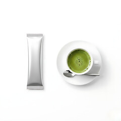 Silver instant green tea sachet mockup with a cup of green tea with spoon on saucer isolated on white background