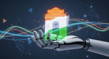 Robotic Arm Holding Abstract Landmark with Indian Flag Colors