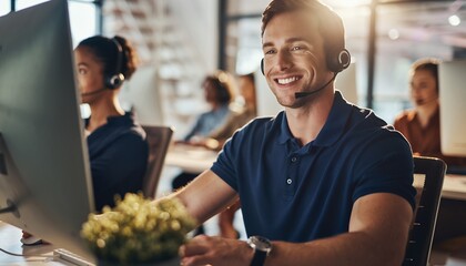 Smiling male customer service manager with headset working at computer in modern office, concept for online support, telemarketing services and helpdesk solutions