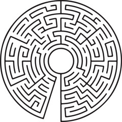 Intricate circular maze vector puzzle with a clear entrance and a central goal isolated on black.