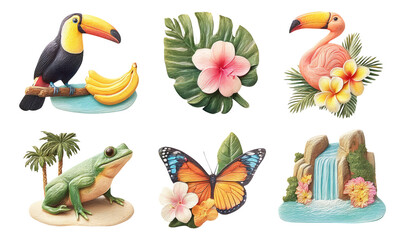 Obraz premium Vibrant Tropical Wildlife Elements from Rainforest with Isolated Transparent Background