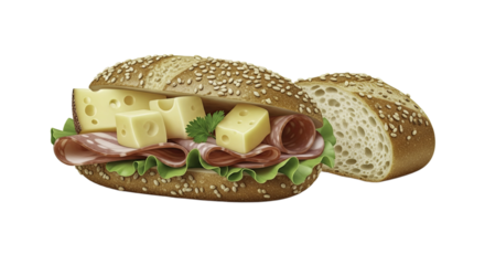 Delicious Sandwich with Cheese and Salami on a Bread Roll for Food Design