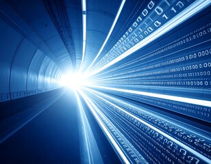 Futuristic tunnel with binary code streaks and bright light ahead