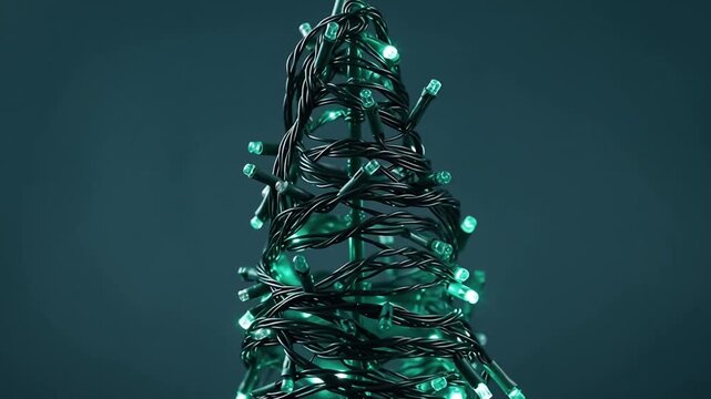 Emerald LED string lights coiled into abstract Christmas tree shape on dark teal background, glowing softly with modern minimal aesthetic and holiday atmosphere for festive visuals.