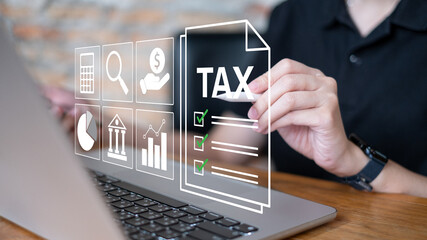 Person calculate 2026 tax financial income business finance accounting refund pay investment money government strategy budget planning economy paperwork return payment taxation banking online vat