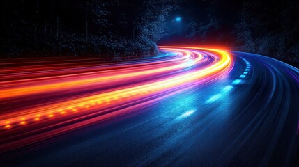 Night road curves with light trails