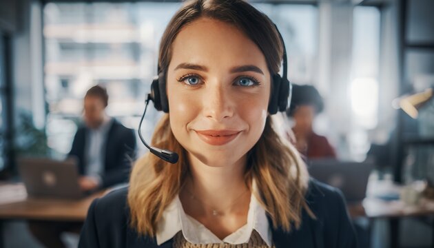 Smiling blonde woman with headset working at call center office, concept for customer service communication assistance helpdesk support
