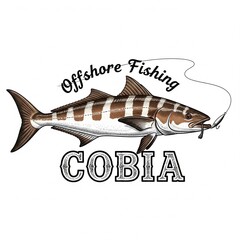 cobia fish as a logo print design on various media such as t-shirts, mugs, hats, tote bags, etc. for various events related to fishing hobbies, vintage cartoon flat design illustrations
