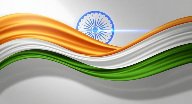 Abstract background with orange, white, and green stripes and blue wheel.