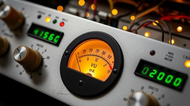 Close-up of an analog VU meter and digital displays on professional audio equipment.