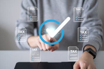 Person focusing on budget planning tax refund money payment return calculate financial accounting income revenue economy banking investment concept