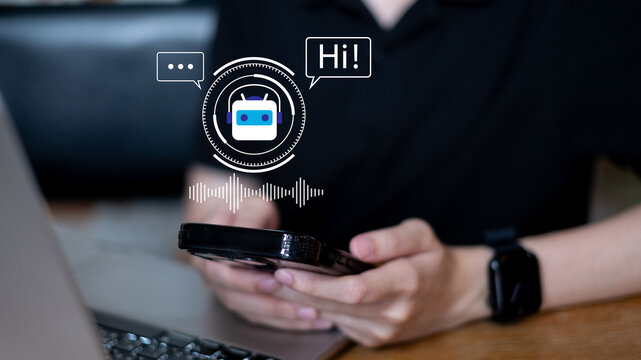 Close-up woman using typing smartphone ai chatbot artificial intelligence online searching information research - Powered by Adobe