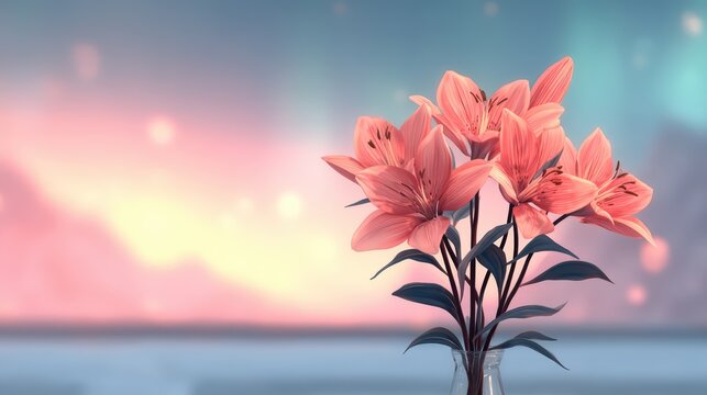 A serene bouquet of pink lilies stands elegantly against a soft, colorful background, evoking tranquility and beauty.