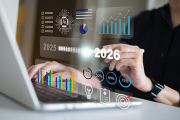 Businessman looking forward to new year 2026 growth future success vision goal target marketing strategy planning to achieve new high sales management development global forecast information challenge