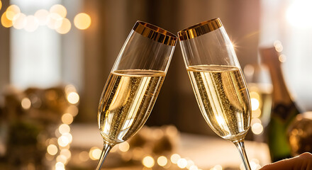 Elegant golden champagne in crystal flutes clinking together, symbolizing celebration and success amidst a bokeh-filled festive background, perfect for joyous toasts