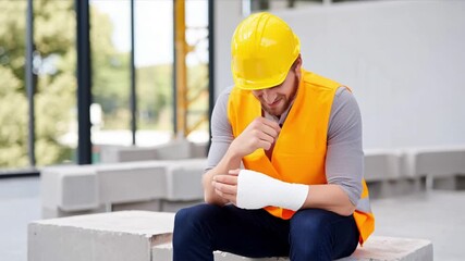 Construction worker with arm injury at workplace. Man in hard hat and safety vest examining bandaged hand, experiencing pain and distress, work accident compensation and health insurance concept.