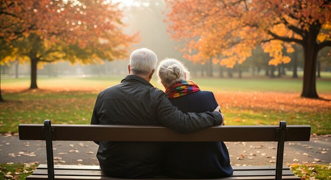 Elderly couple enjoying an autumn day in the park, embracing tranquility and nature's beauty