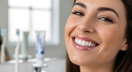 Smiling woman with bright smile in bathroom setting highlighting dental care and personal hygiene