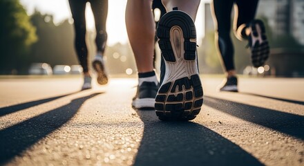 Group running exercise in the city at sunrise emphasizing healthy lifestyle and fitness motivation