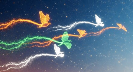 A flock of digitally rendered birds flies across a network background.