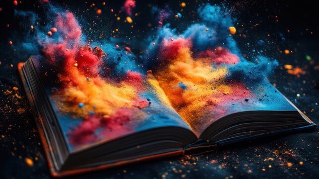 Open book erupting with vibrant colored powder
