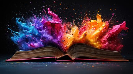 Open book erupting with vibrant colorful paint splashes