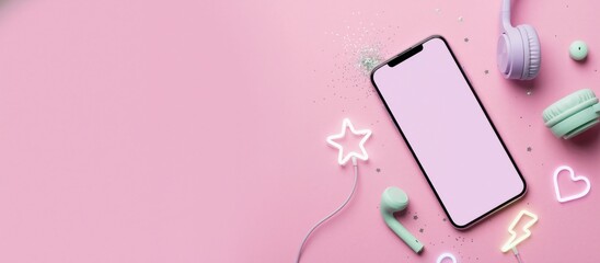 Smartphone mockup with pastel headphones and neon lights on a pink background. Modern music and technology flat lay with copy space for text
