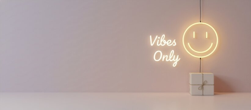 "Vibes Only" neon sign with a smiley face icon on a modern pink wall. Positive glowing message background with copy space for a banner