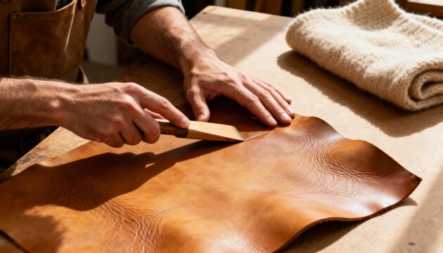 A craftsman's hands working with a tool on brown leather in a workshop. Artisan creating a handmade product. Traditional leatherworking and small business concept