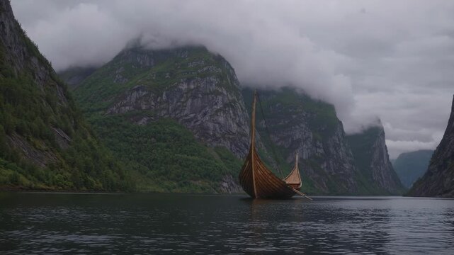 longship rests in fjord water under cloud and mist. reflection of longship and mountain spans calm water. boat and ship sit near vessel while mountain slope surrounds. mast and prow detail on hull.
