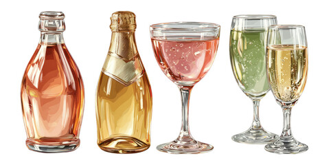 Elegant Collection of Various Sparkling Beverage Bottles and Glasses