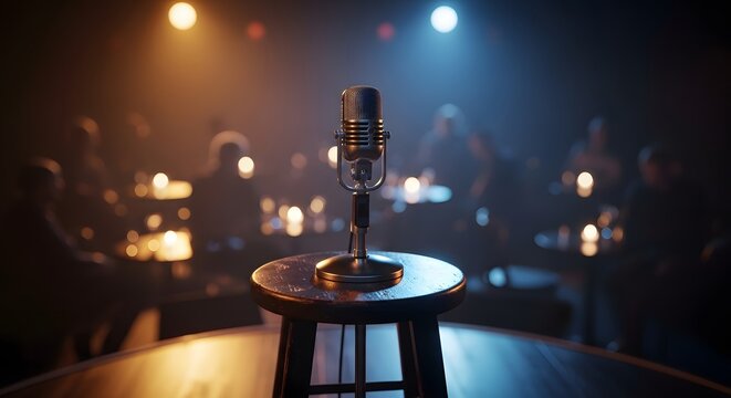 Vintage microphone on stool in dimly lit jazz club setting for music performance and retro atmospheric design
