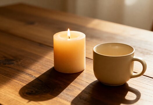 Cozy scene with a lit candle and a mug on a wooden table. Warm natural light creating long shadows. Hygge and relaxation concept