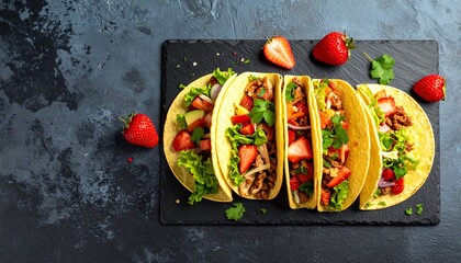 Delicious Strawberry Tacos on a Slate Platter, Overhead View.