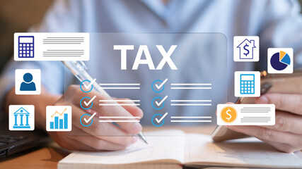 Tax calculate financial accounting income investment economy business budget money government finance inspecting return online payment digital taxation pay service calendar tax day banking concept