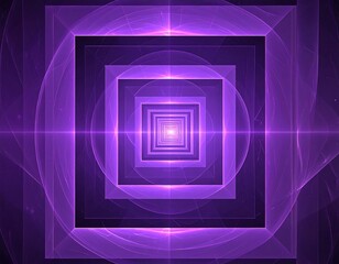 Geometric purple fractal with concentric squares and radial light