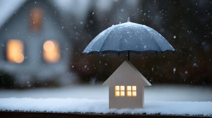 A miniature house protected by an umbrella during a snowstorm symbolizing home safety and security