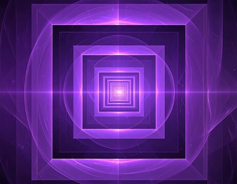 Geometric purple fractal with concentric squares and radial light - Powered by Adobe