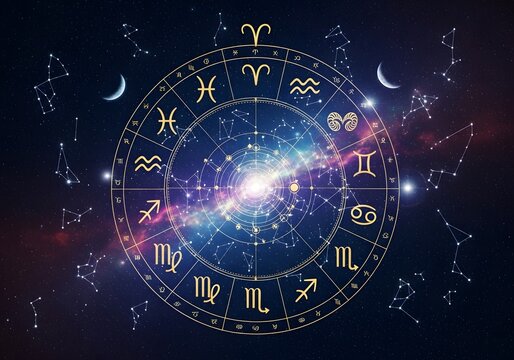 Zodiac wheel with constellations and galaxy background for astrology design applications