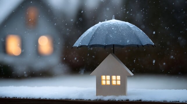 A miniature house protected by an umbrella during a snowstorm symbolizing home safety and security