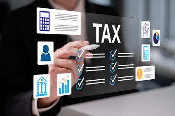 Person focusing on budget planning tax refund money payment return calculate financial accounting income revenue economy banking investment concept