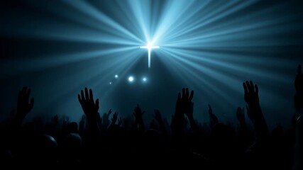 Hands raised in worship in a church with rays of light shining through a cross at a spiritual gathering - Powered by Adobe