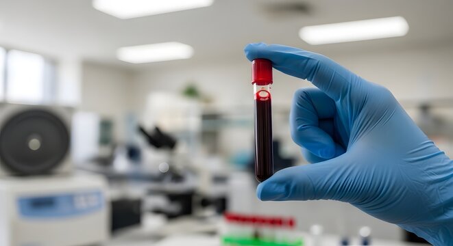Laboratory analysis of blood sample in medical lab setting with gloved hand holding test tube for diagnostic research and healthcare applications