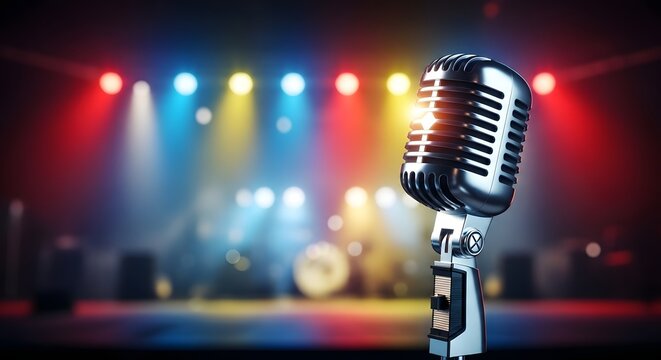 Retro microphone on stage with colorful lights in concert setting for live music event design - Powered by Adobe