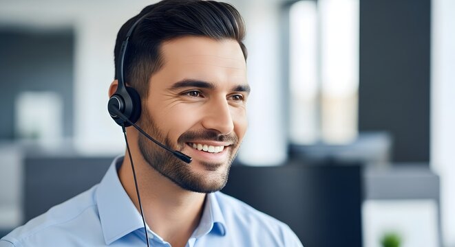 Professional customer service representative with headset in modern office environment